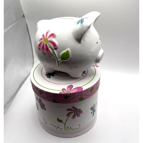 This Little Piggy Piggy Bank and box with Butterflies and Flowers New In Box - Picture 3 of 7